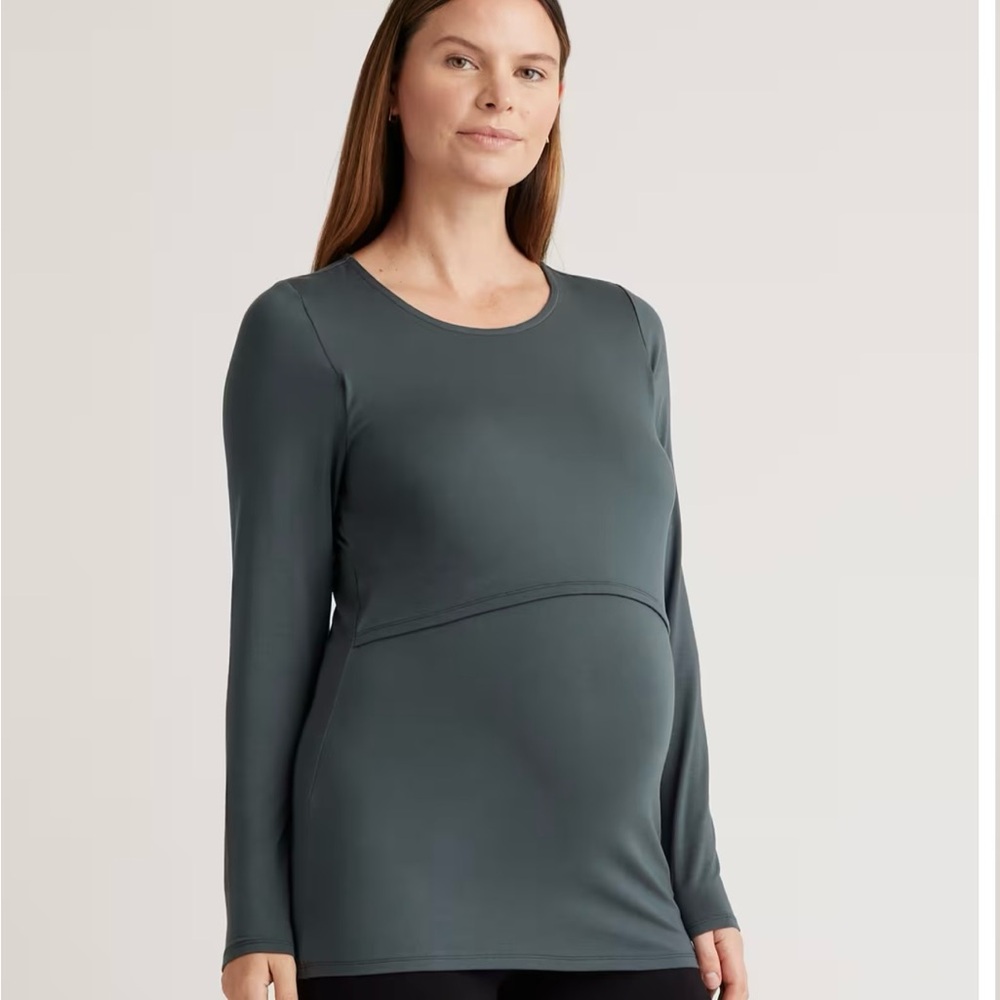 Quince Jersey Maternity and Nursing Long Sleeve Tees, 2 Pack, Small, Black/Green